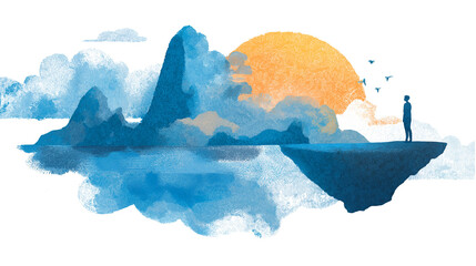 Surreal Landscape with a Person and Floating Island in Watercolor Style on Transparent Background