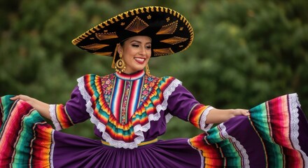 Joyful Mexican Dancer in Traditional Embellished Mariachi Outfit and Sombrero