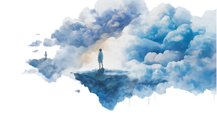 Surreal Landscape with Figure Standing on Cloud Cliff on Transparent Background