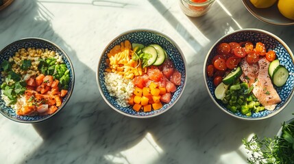 Colorful Poke Bowls with Fresh Vegetables and Salmon on Marble Background

