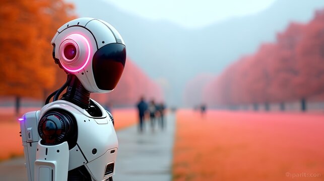 Robot is standing in a field with people walking by. The robot is wearing a white helmet and has a pink light on its head. The scene is set in a park with trees in the background