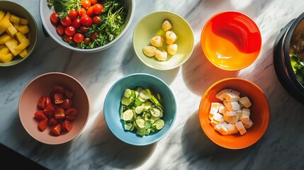Colorful Poke Bowls with Fresh Vegetables and Fruits on Marble Background

