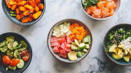 Colorful Poke Bowls with Fresh Vegetables and Salmon on Marble Background
