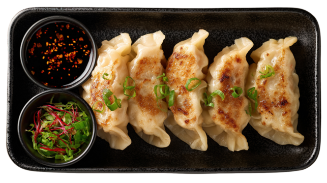Traditional dumpling momos food from Nepal served with tomato chutney in plate isolated.