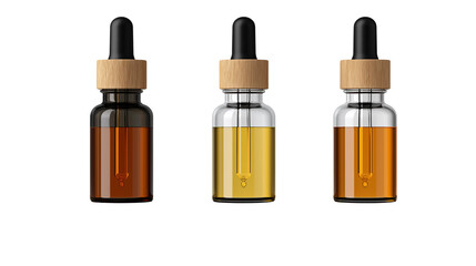 Three Glass Dropper Bottles with Wooden Caps – Essential Oils, Herbal, or Skincare Product Packaging