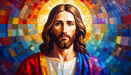 Mosaic style oil painting of Jesus Christ with Byzantine inspiration. Radiant golden background and intricate details create a powerful spiritual image, ideal for Christian art, sacred spaces