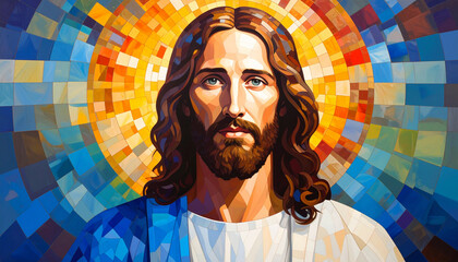 Mosaic style oil painting of Jesus Christ with Byzantine inspiration. Radiant golden background and intricate details create a powerful spiritual image, ideal for Christian art, sacred spaces