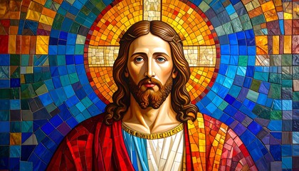 Mosaic style oil painting of Jesus Christ with Byzantine inspiration. Radiant golden background and intricate details create a powerful spiritual image, ideal for Christian art, sacred spaces