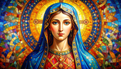 mosaic art portrait of the Virgin Mary, featuring intricate details, a serene expression, and a vibrant stained glass halo, religious or artistic themes