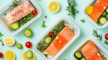 Fresh Salmon Fillets and Vegetables in Meal Prep Containers on Pastel Background
