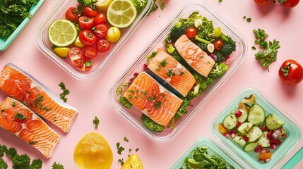 Fresh Salmon Fillets and Vegetables in Meal Prep Containers on Pastel Background
