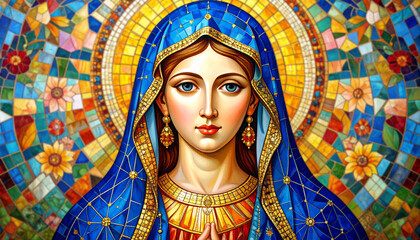 mosaic art portrait of the Virgin Mary, featuring intricate details, a serene expression, and a vibrant stained glass halo, religious or artistic themes