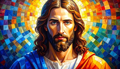 Mosaic style oil painting of Jesus Christ with Byzantine inspiration. Radiant golden background and intricate details create a powerful spiritual image, ideal for Christian art, sacred spaces
