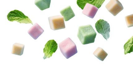 Colorful Candy Cubes with Fresh Green Mint Leaves, Isolated on Transparent Background