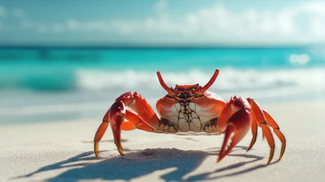 Red crab on white sand beach