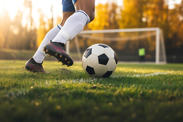 Fototapeta premium A soccer players legs are in motion as they prepare to kick the ball on a grassy field