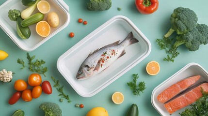 Fresh Salmon Fillets and Vegetables in Meal Prep Containers on Pastel Background
