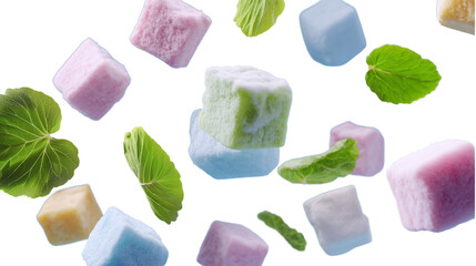 Colorful Candy Cubes with Fresh Green Mint Leaves, Isolated on Transparent Background