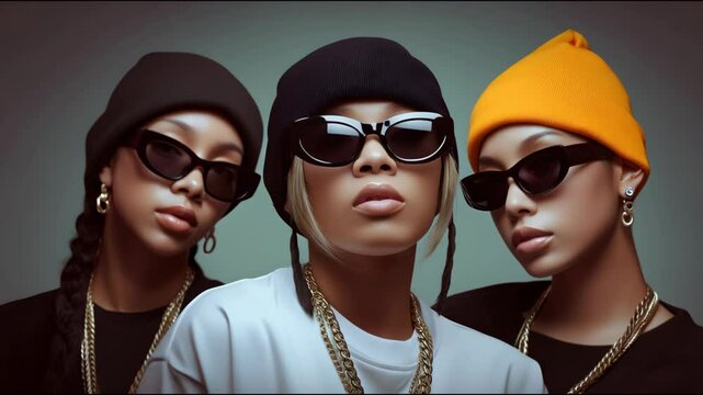 Stylish trio showcases urban fashion and confident expression in vibrant streetwear setting