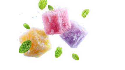 Colorful Frozen Fruit Cubes with Mint Leaves on Transparent Background