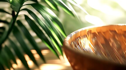 Woven basket sits alongside bright green leaves in a sunlit room indoors
