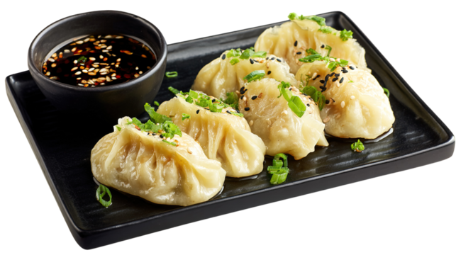 Traditional dumpling momos food from Nepal served with tomato chutney in plate isolated.