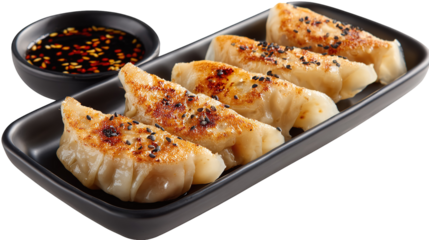 Traditional dumpling momos food from Nepal served with tomato chutney in plate isolated.