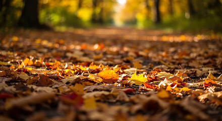 Vibrant autumn leaves scattered across a sun-dappled path in a forest, creating a picturesque and colorful scene of the fall season.
