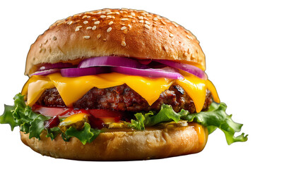 Cheeseburger with Onion and Lettuce on Sesame Bun - Close-up Shot on Transparent Background