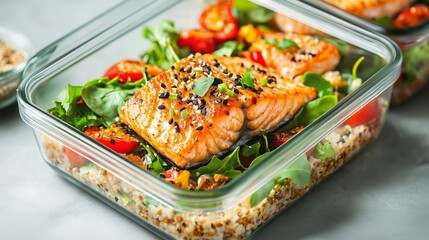 Grilled Salmon Fillet on Quinoa and Fresh Greens in Glass Meal Prep Container
