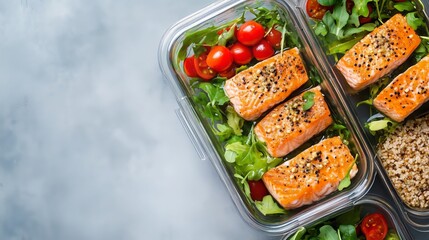 Grilled Salmon Fillet on Quinoa and Fresh Greens in Glass Meal Prep Container
