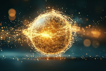 Obraz premium Economy marketing 3D concept. Abstract glowing sphere with intricate lines and sparkles on a dark background.