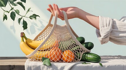 A hand holds a reusable net bag filled with bananas, oranges, and cucumbers, showcasing a sustainable and ecofriendly approach to grocery shopping