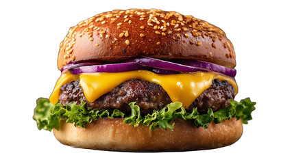 Cheeseburger with Onion and Lettuce on Sesame Bun - Close-up Shot on Transparent Background