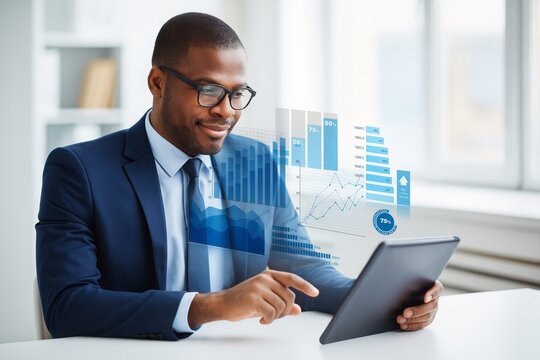 Confident African American businessman analyzing financial data with a tablet, showcasing modern technology and data visualization for better business decisions.