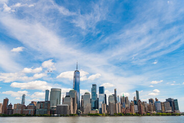 A view of the New York financial district fom Paulus Hook Pier in Jersey City, New Jersey.New York, United States. Manhattan New York NY NYC Skyline. Lower Manhattan and One World Trade Center in New