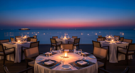 Elegant Restaurant Table Settings with Candlelight at Sunset.