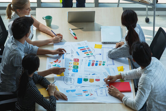 A team of Asian business professionals engaged in a creative brainstorming session around a table with colorful charts, viewed from above in natural daylight.