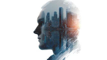 Double Exposure Profile Silhouette with Capacity at Sunset on Transparent Background