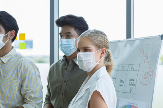 Corporate employees with face masks in office setting, highlighting health safety standards, teamwork during pandemic, and modern workplace adaptation.