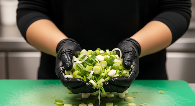 Chef holding fresh chopped scallions over a green cutting board.