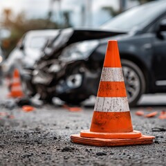 An orange traffic cone in focus, with a blurred view of a car accident scene behind it, conveying urgency and caution.