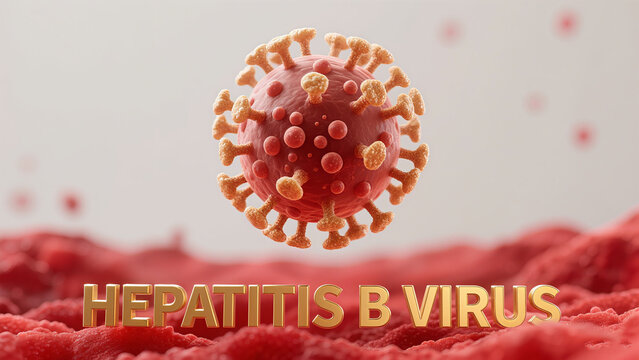 The hepatitis B virus model with red background represents the scientific cognition of hepatitis disease, and is used for the popularization of liver disease prevention science and vaccine promotion.
