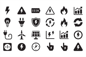 Energy and electricity black icon set - plug, battery, fire, light bulb, solar, power graph