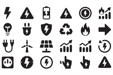 Energy and electricity black icon set - plug, battery, fire, light bulb, solar, power graph