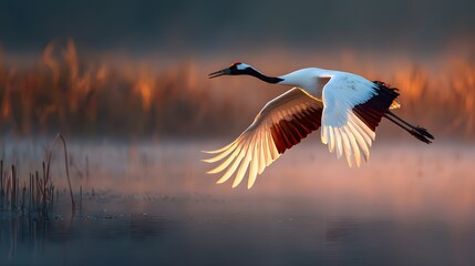 Obraz premium A stunning red crowned crane gracefully soars over a misty wetland at sunrise, capturing the beauty of nature in fine art wildlife photography.