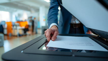 Photo of a businessman is scanning a document in a modern office environment