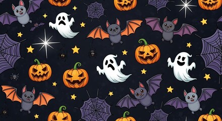 Fototapeta premium Halloween themed pattern featuring pumpkins, ghosts, bats, stars, and spiderwebs on a dark background.