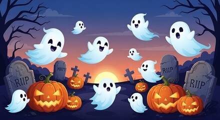 Halloween scene featuring cartoon ghosts flying around jack-o'-lanterns and tombstones against a dark blue and orange sunset sky.