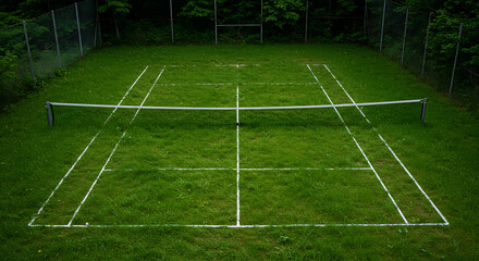 Fototapeta premium Well-maintained green grass tennis court with clear white lines and a net, set in a natural outdoor environment, ready for play. 